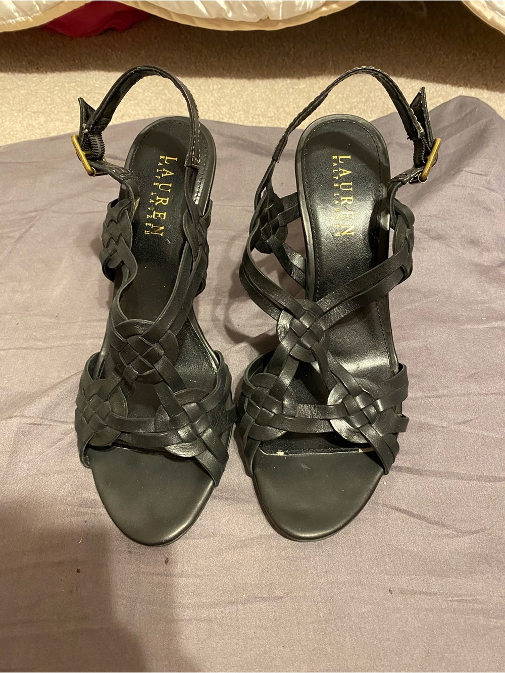 Lauren Ralph Lauren adjustable black leather cork wedge 4 in. heels, size 7.5